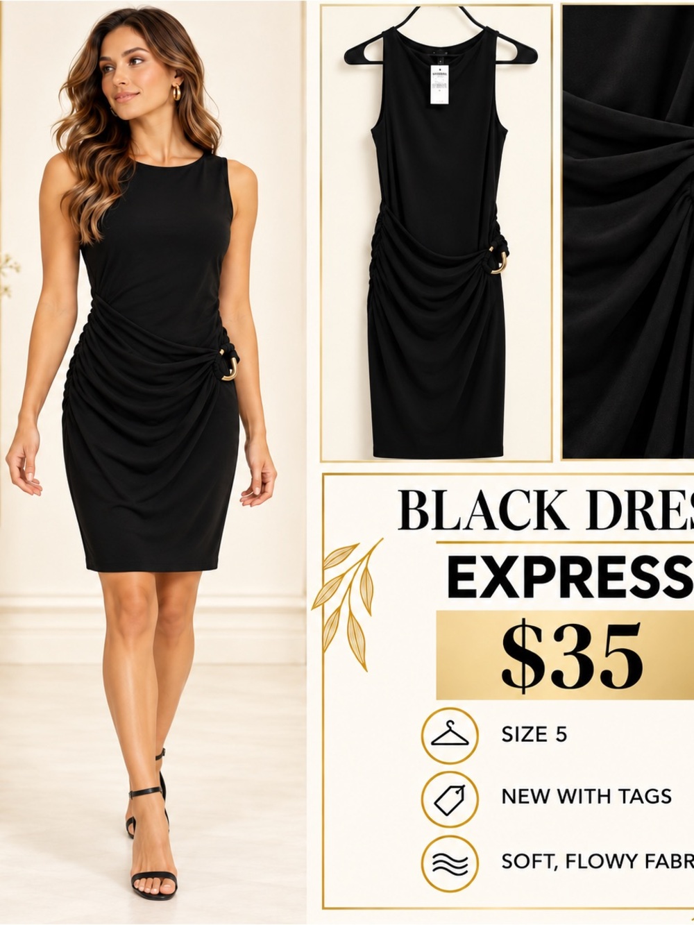 Express Black Sleeveless Ruched Sheath Dress with Decorative Ring